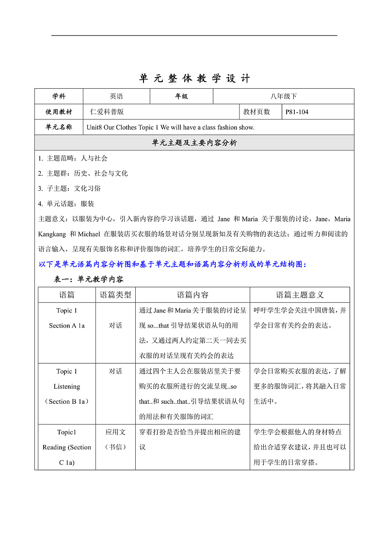 仁爱科普版英语八下 Unit 8 Topic 1 《 We will have a class fashion show》Section A 教案第1页