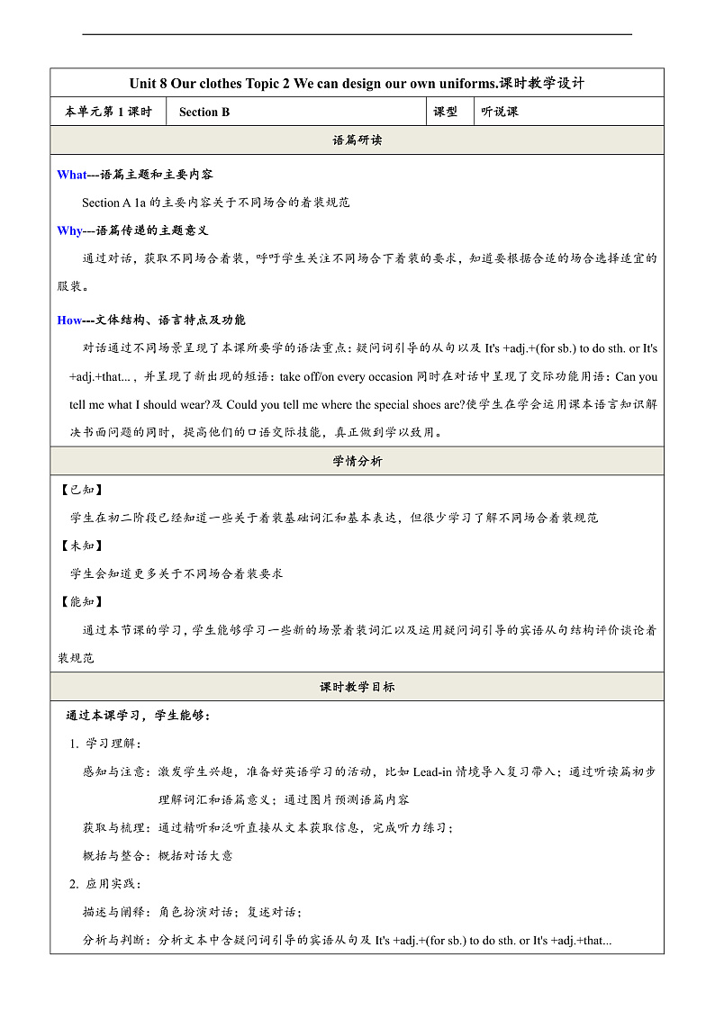 仁爱科普版英语八下 Unit 8 Topic 2 《 Our Clothes》 Section B 教案第1页
