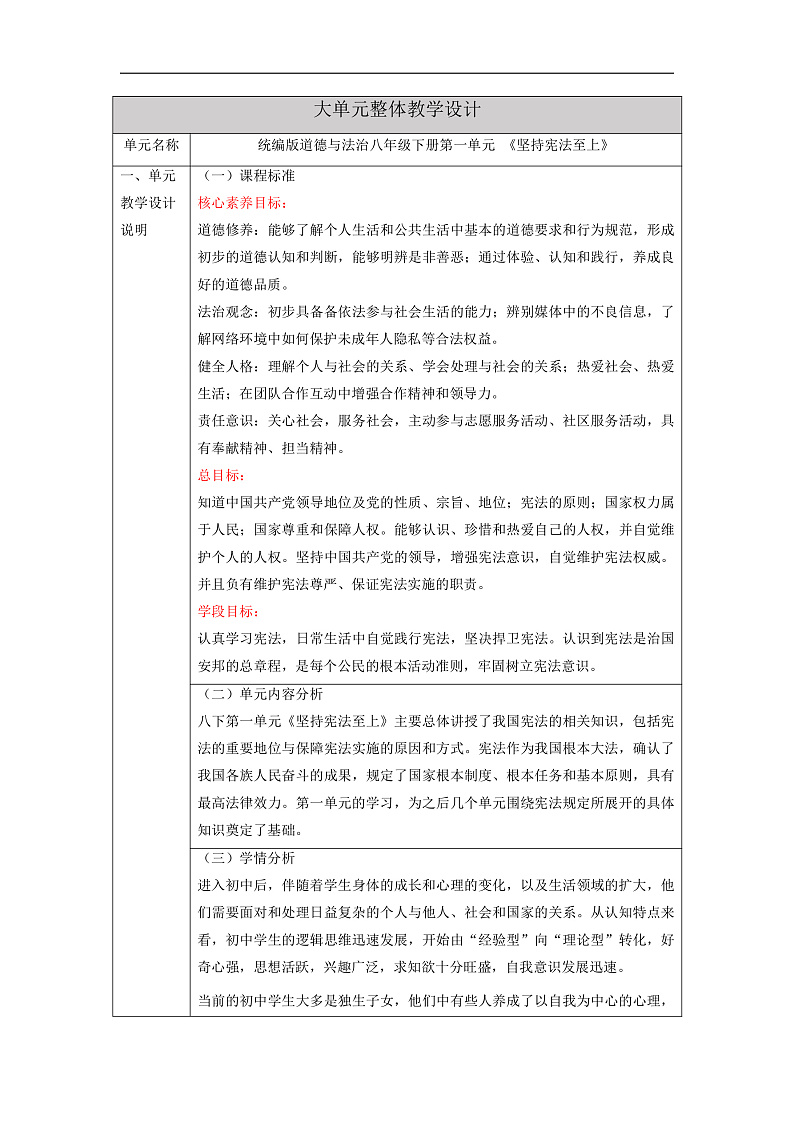 【大单元整体教学】统编版道德与法治八年级下册第一单元 坚持宪法至上 整体教学设计第1页