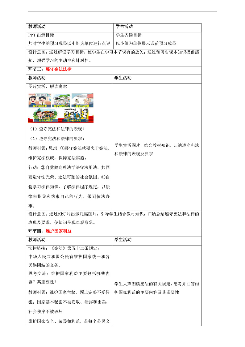 【大单元整体教学】4.1 公民基本义务 教学设计（表格式）人教版八年级道德与法治 下册第2页