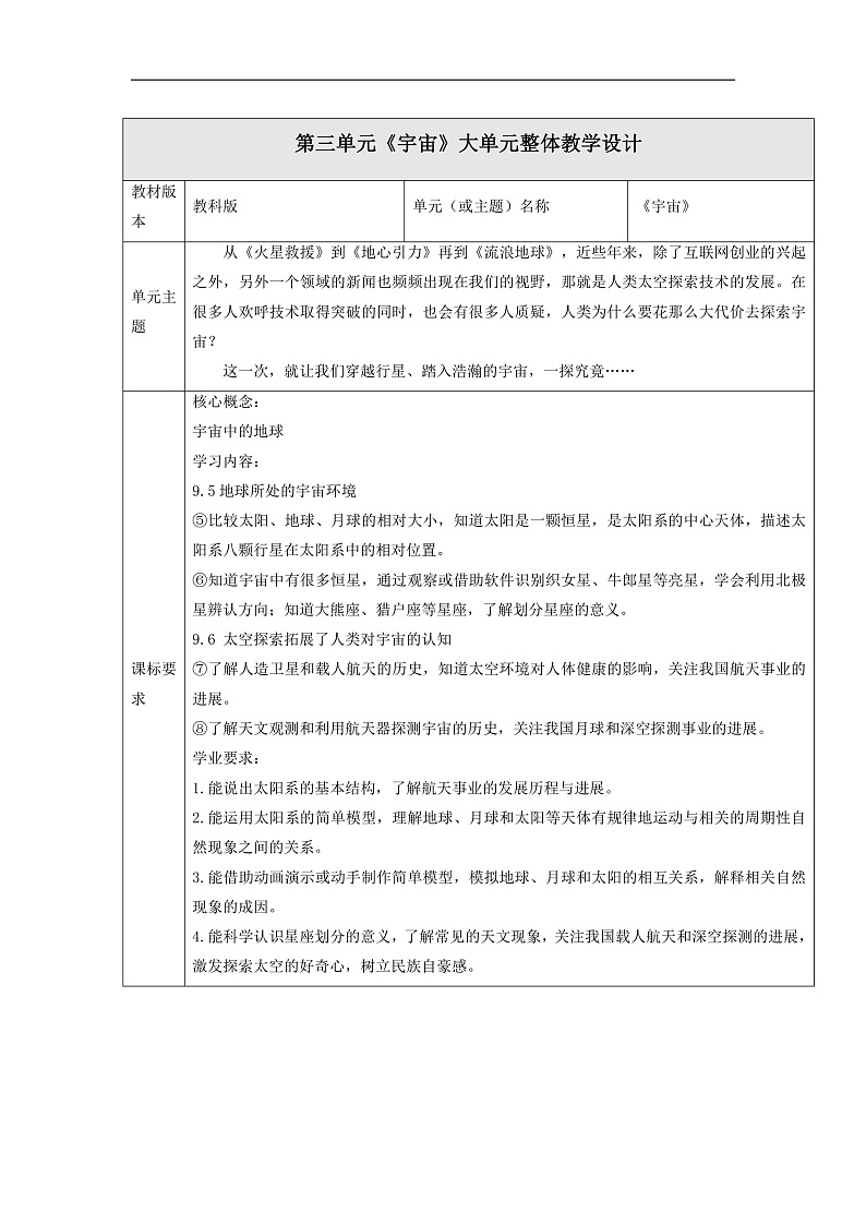 【大单元整体教学】教科版科学六下第三单元《宇宙》单元整体分析第1页
