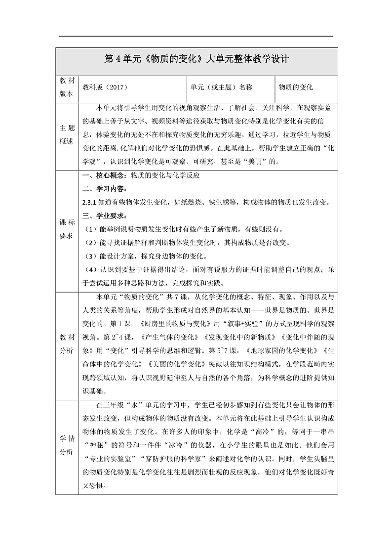 【大单元整体教学】教科版科学六下 第四单元《物质的变化》单元整体分析第1页