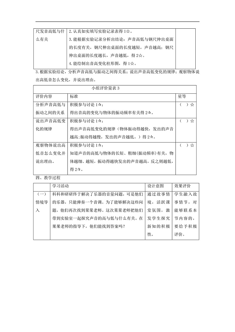 【大单元整体教学】教科版科学四上第一单元《声音》第6课 声音的高与低 课时教案第2页
