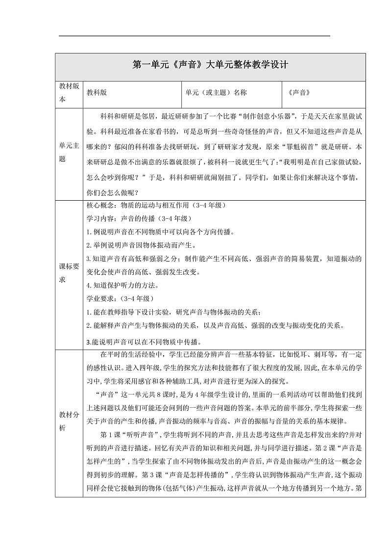 【大单元整体教学】教科版科学四上第一单元《声音》单元整体分析第1页