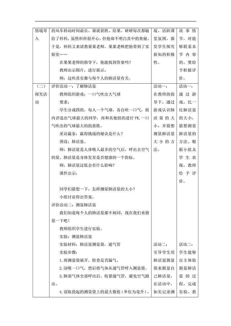 【大单元整体教学】教科版科学四上二单元《呼吸与消化》第3课 测量肺活量 课时教案第2页