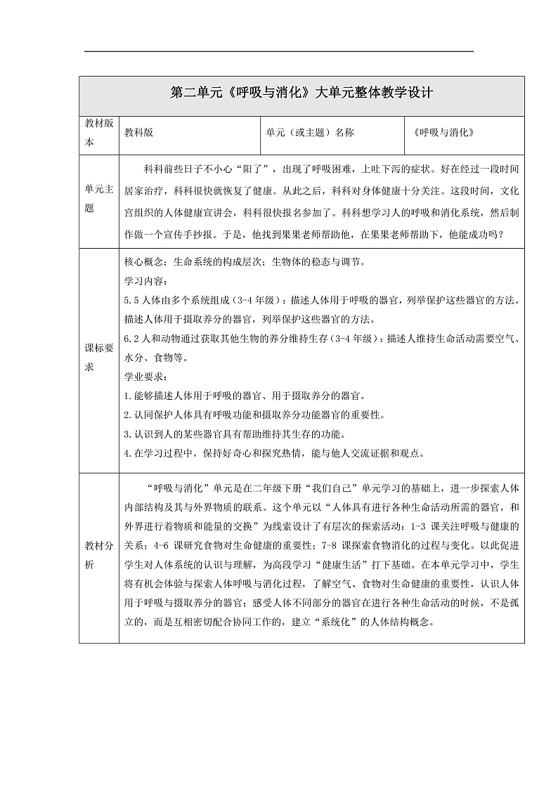 【大单元整体教学】教科版科学四上第二单元《呼吸与消化》 单元整体分析第1页