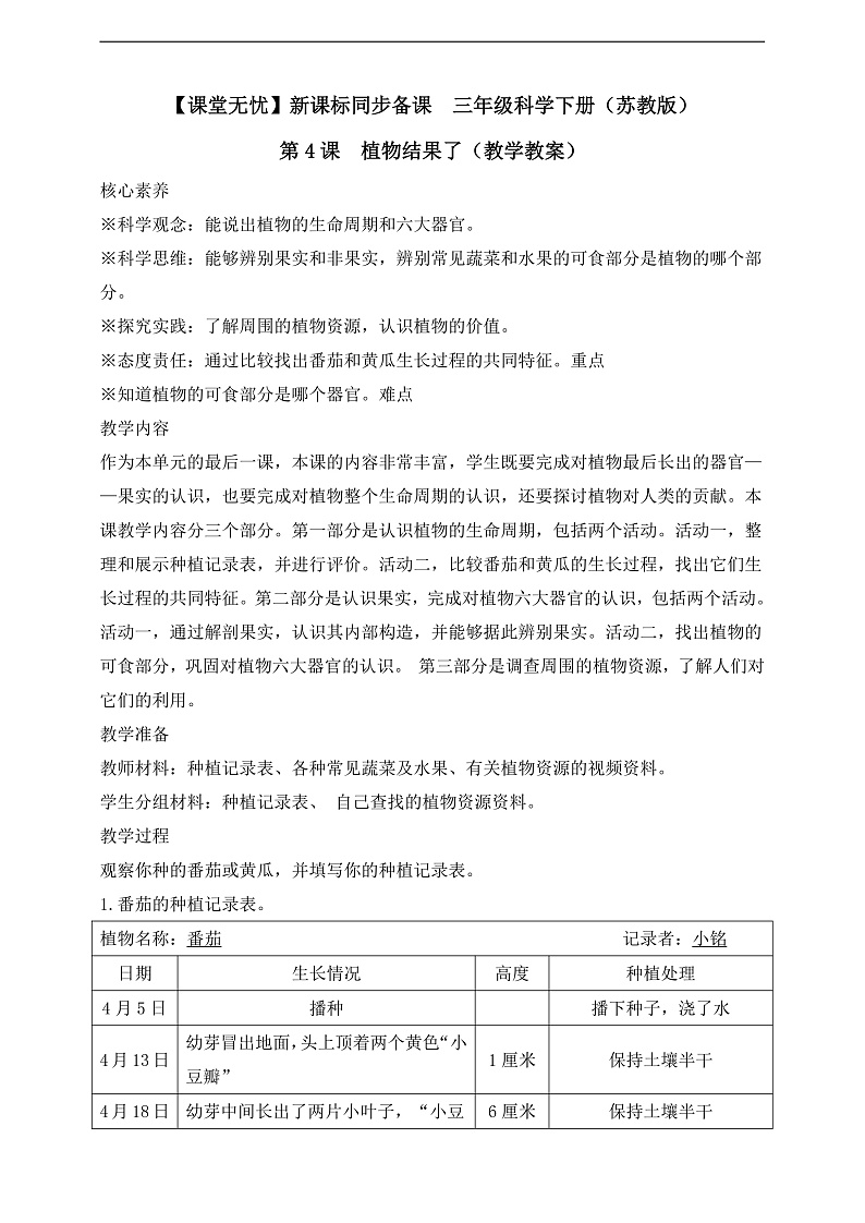 【核心素养】苏教版（2017）科学三下 1.4《植物结果了》教案第1页