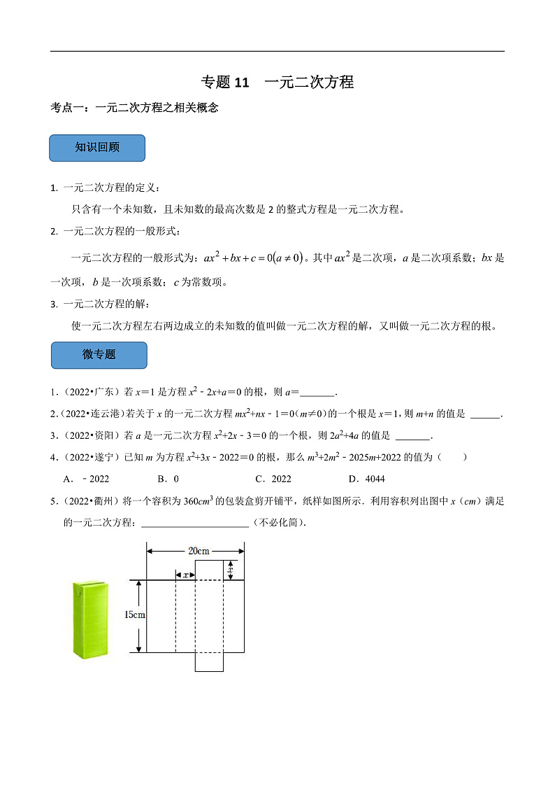 中考数学一轮复习考点题型训练专题11 一元二次方程（原卷版）第1页