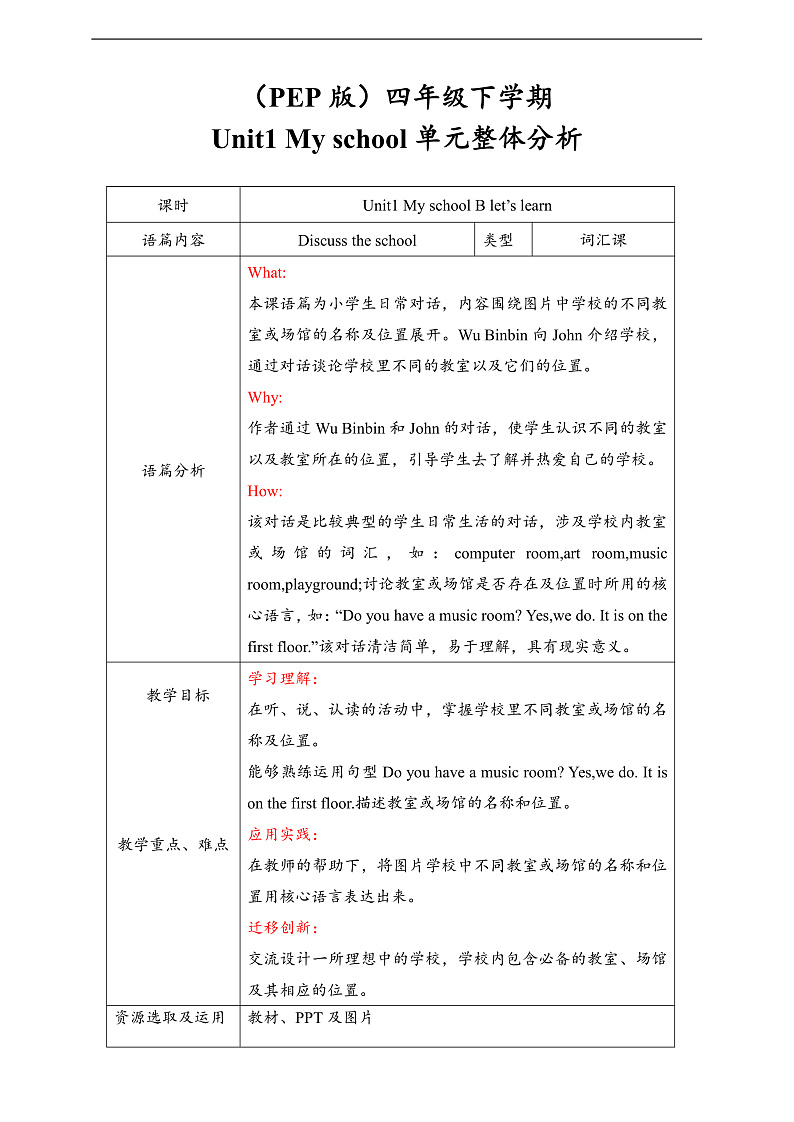 人教PEP英语四下 Unit1 My school B let's learn  单元教案第1页