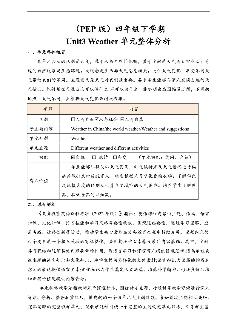 人教PEP英语四下 Unit3 Weather A let's learn 单元教案第1页