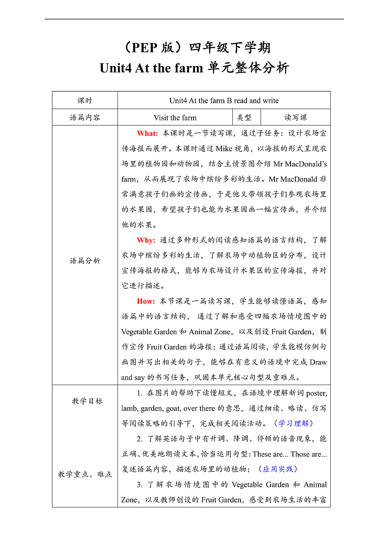 人教PEP英语四下 Unit4 At the farm B read and write 单元教案第1页