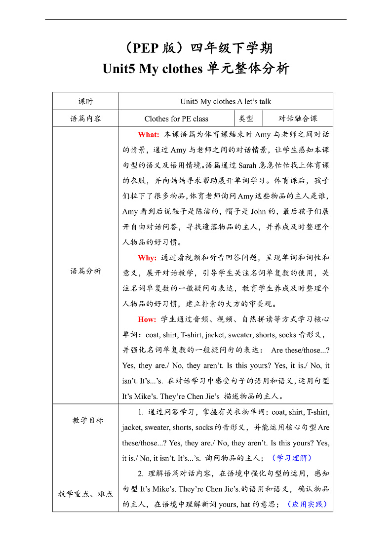 人教PEP英语四下 Unit5 My clothes A let's talk 单元教案第1页