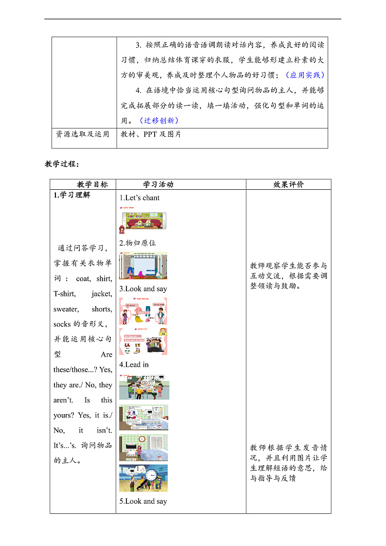 人教PEP英语四下 Unit5 My clothes A let's talk 单元教案第2页