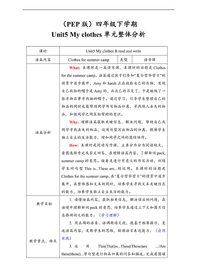 人教PEP英语四下 Unit5 My clothes B read and write 单元教案第1页