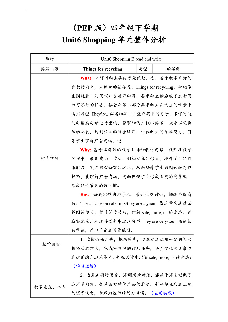 人教PEP英语四下 Unit6 Shopping B read and write 单元教案第1页