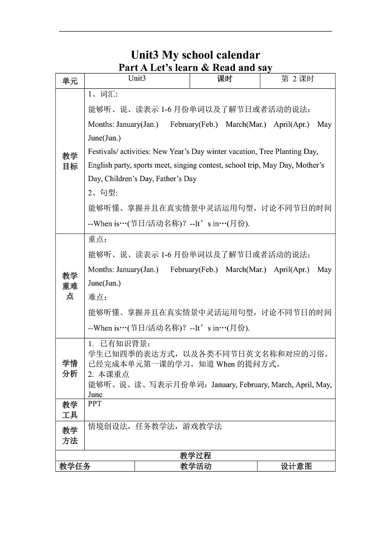 人教PEP版英语五下 Unit 3《My school calendar》PartA Let's learn & Read and say 教案第1页