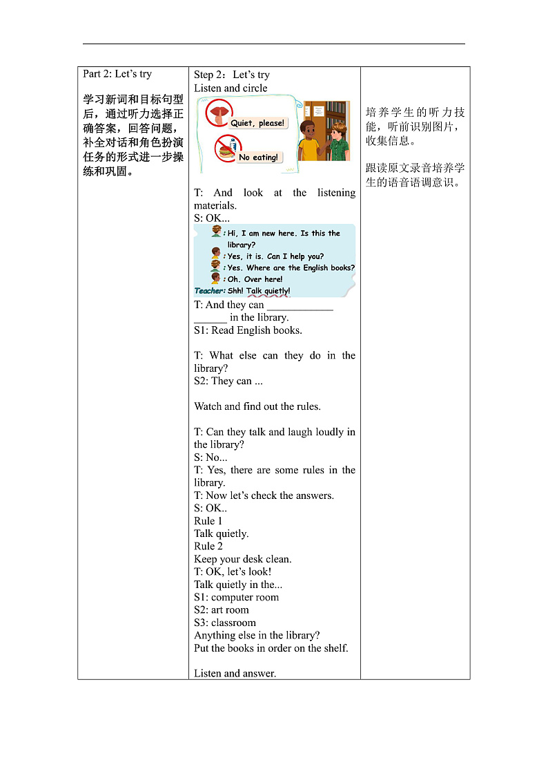 人教PEP版英语五下 Unit 6《Work quietly！》PartB Let's try&Let's talk 教案第2页