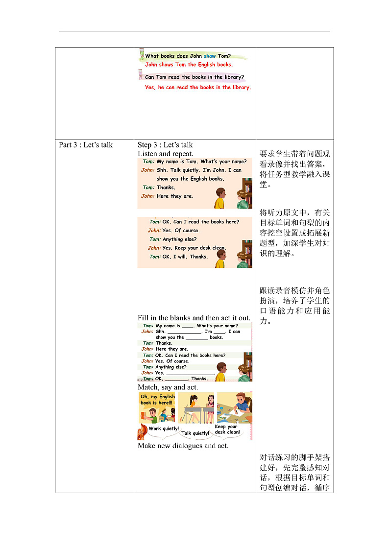 人教PEP版英语五下 Unit 6《Work quietly！》PartB Let's try&Let's talk 教案第3页