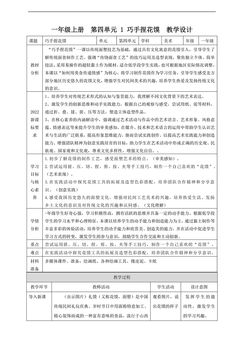 【人美版】美术  一年级上册    第四单元 1 巧手捏花馍   课时教案第1页