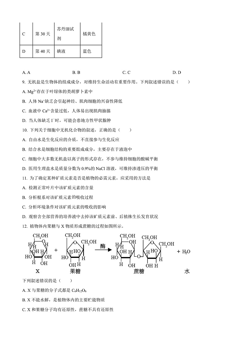 安徽省合肥市第一中学2024-2025学年高一上学期期中联考生物学试题 Word版无答案第3页