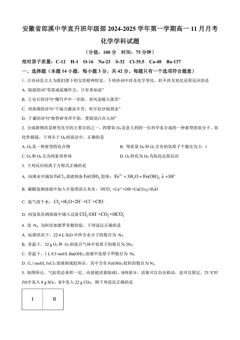 安徽省郎溪中学直升班年级部2024-2025学年高一上学期11月月考化学试题 Word版无答案第1页