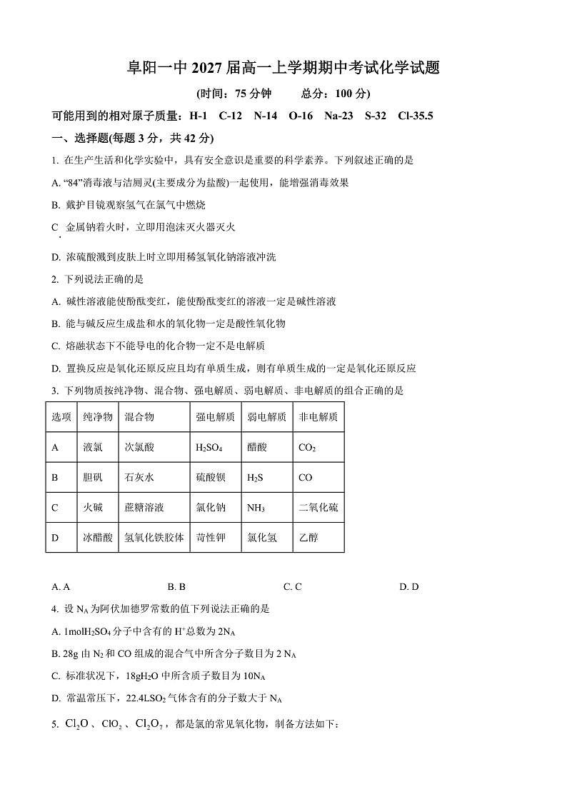安徽省阜阳第一中学2024-2025学年高一上学期期中考试 化学试题  Word版无答案第1页