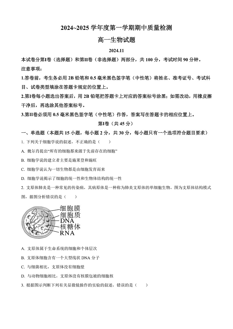 山东省枣庄市滕州市2024-2025学年高一上学期11月期中生物试题  Word版无答案第1页