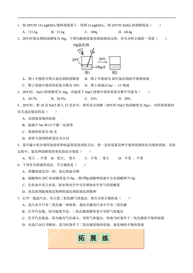 7.4 物质的溶解性（第1课时）（分层练习）（原卷版）第2页