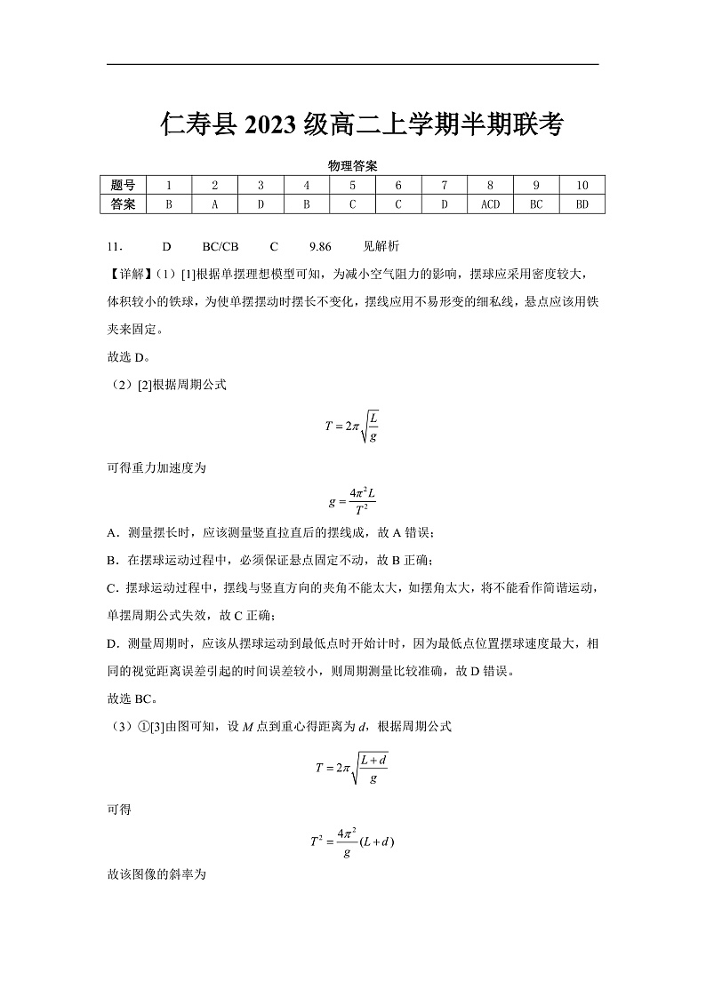 仁寿县2023级高二上学期半期联考物理参考答案第1页