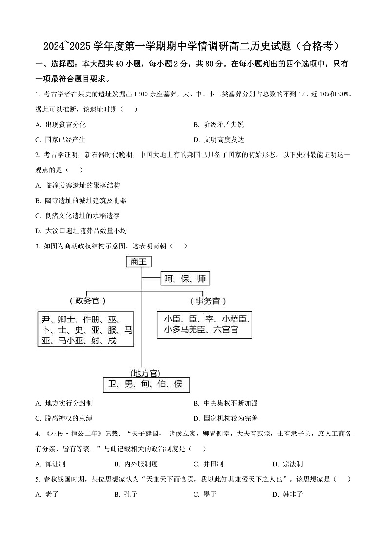 江苏省徐州市铜山区2024-2025学年高二上学期期中考试历史试题无答案第1页