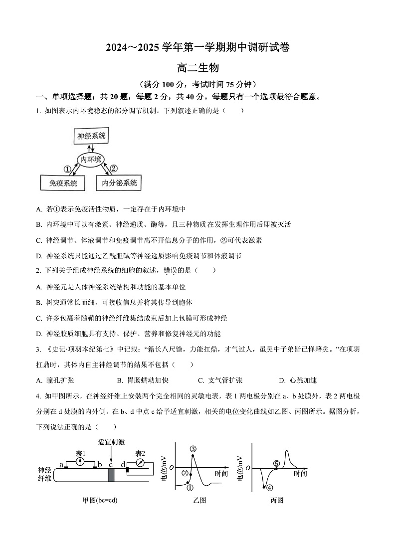 江苏省宿迁市2024-2025学年高二上学期11月期中生物试题无答案第1页