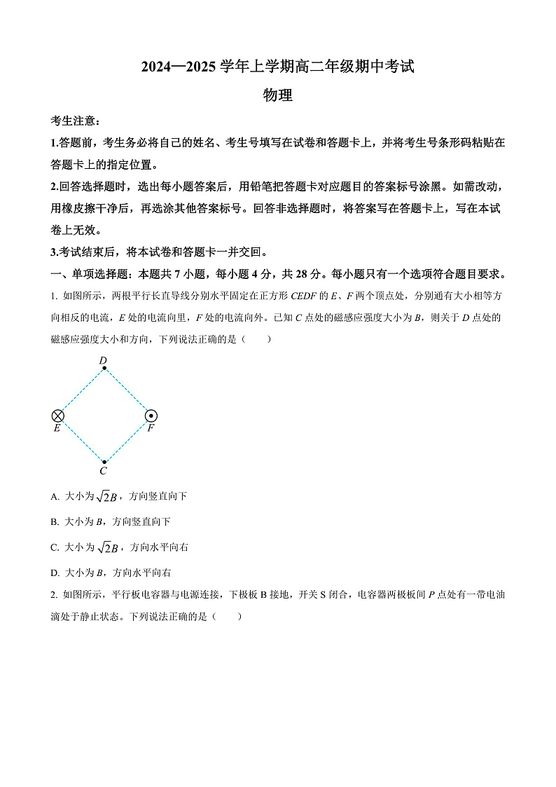 河南省濮阳市2024-2025学年高二上学期期中考试物理试卷无答案第1页