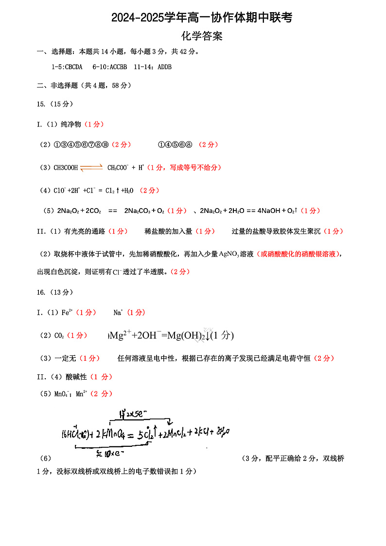 仁寿县2024-2025学年高一协作体期中联考化学答案第1页