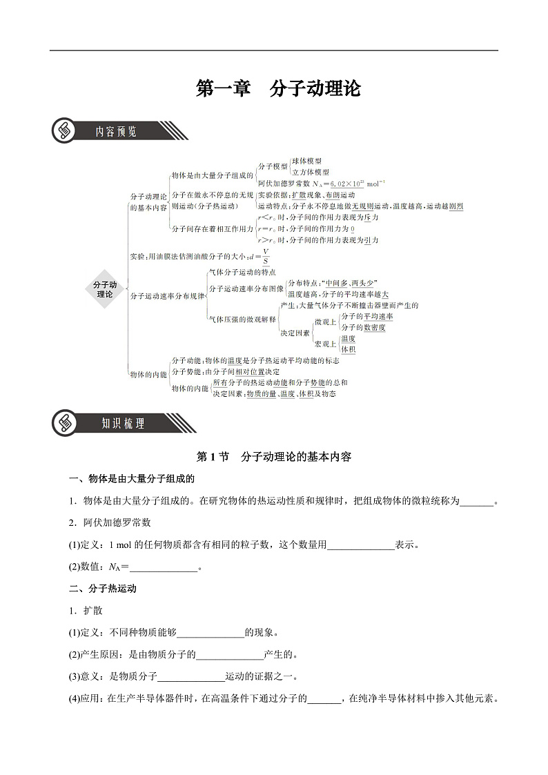 人教版（2019）高中物理选择性必修第三册第一章 分子动理论 单元知识清单（原卷）第1页
