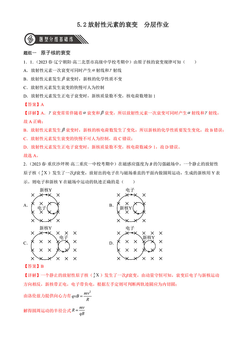 人教版（2019）高中物理选择性必修第三册5.2放射性元素的衰变 分层练习（解析卷）第1页