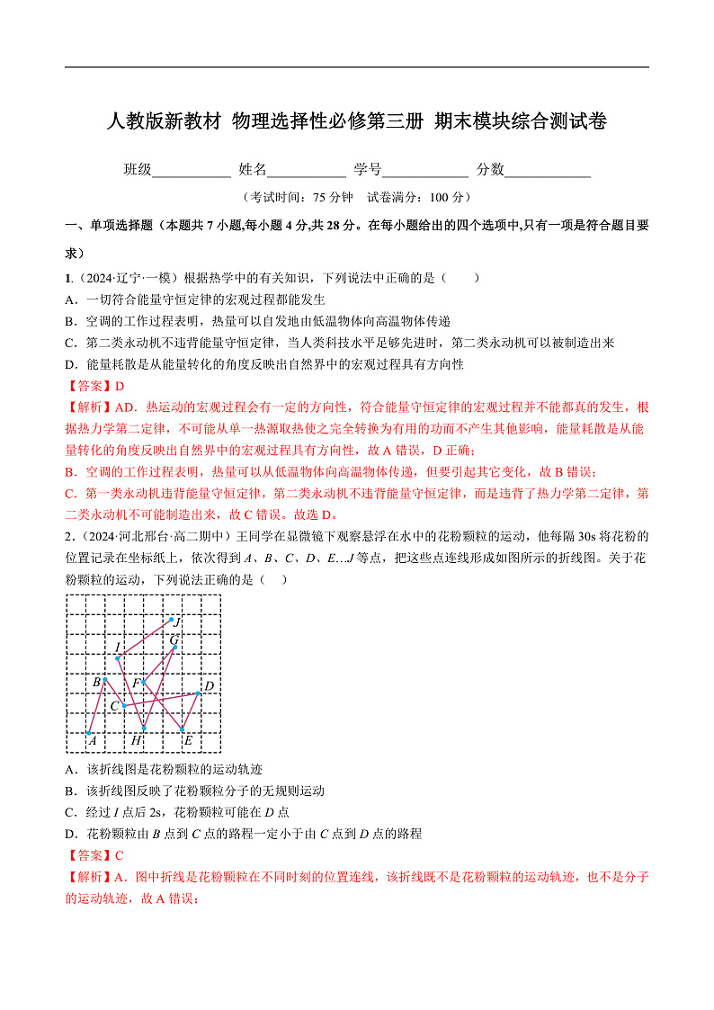 人教版（2019）高中物理选择性必修第三册 期末综合测试卷（解析卷）第1页