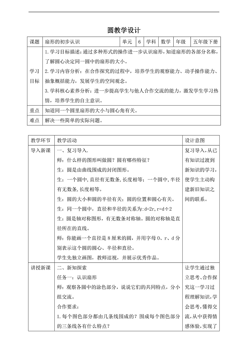 苏教版数学五年级下册6.2《扇形的初步认识》教案第1页
