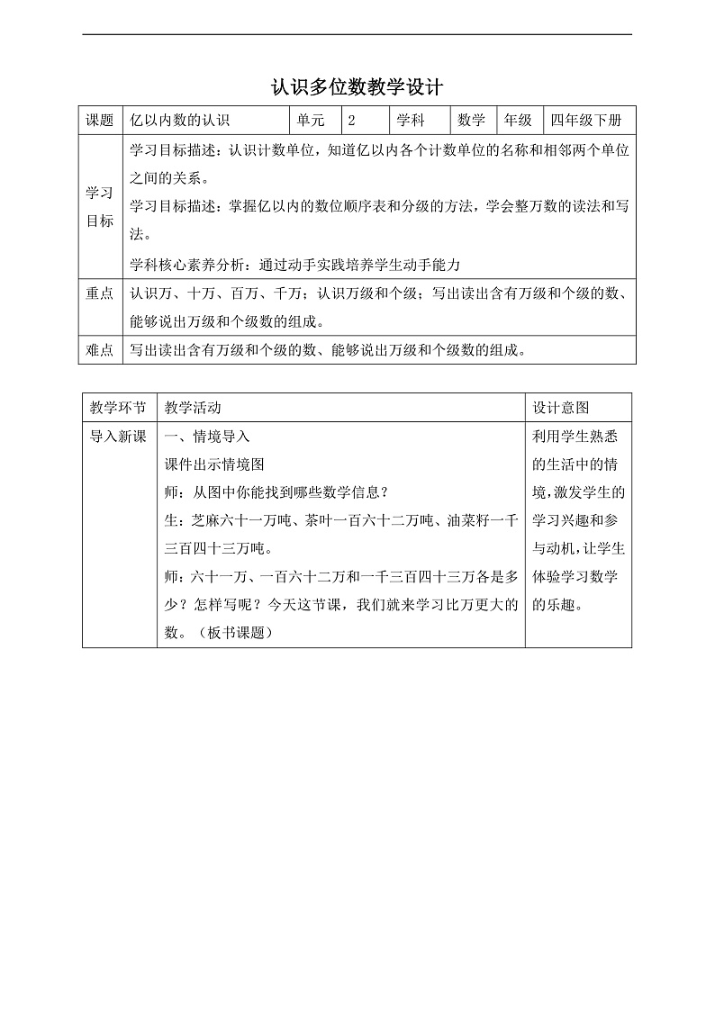 苏教版数学四年级下册2.1《亿以内数的认识（一）》教案第1页