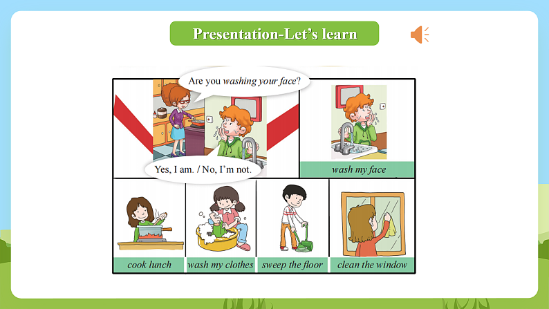 科普版英语四下Unit10 Lesson 10《Are you washing your face》第二课时 课件第7页