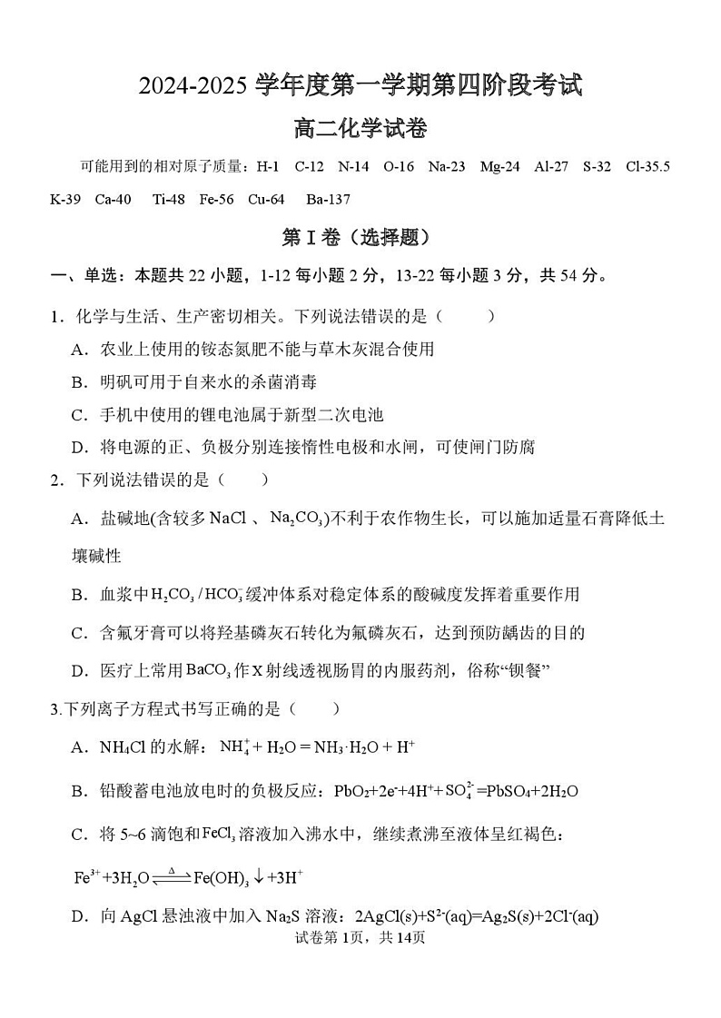 河北省石家庄市辛集中学2024-2025学年高二年级上学期期末考试化学试题第1页