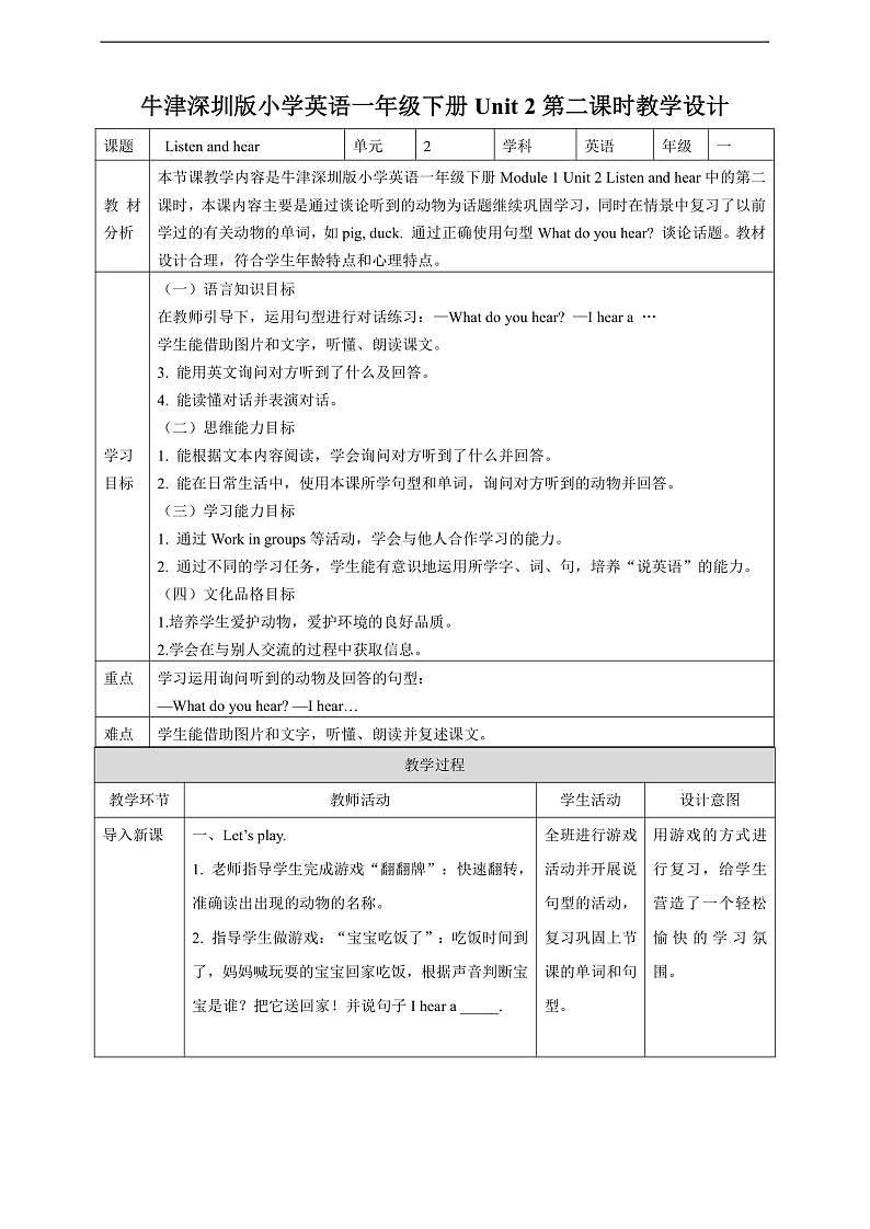 沪教牛津版（六三制一起）英语一下 Unit 2《Listen and hear》Let's talk 教案第1页