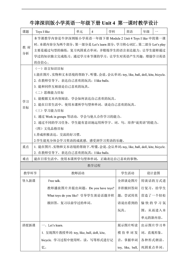 沪教牛津版（六三制一起）英语一下 Unit 4《Toys I like》Let's learn  Let's play  教案第1页