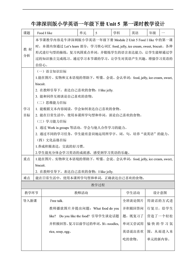 沪教牛津版（六三制一起）英语一下 Unit 5《Food I like》Let' s learn 教案第1页
