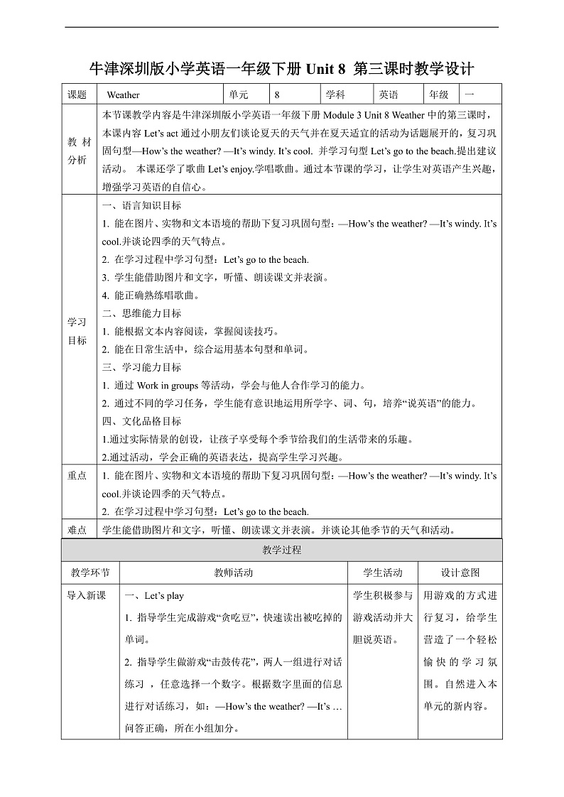 沪教牛津版（六三制一起）英语一下 Unit 8《Weather》Let's act 教案第1页