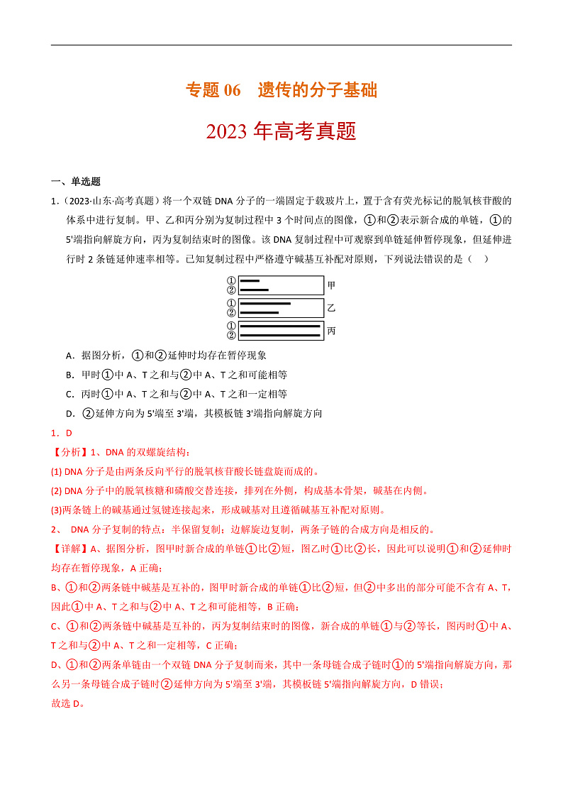 2023年高考生物真题和模拟题分类汇编专题06遗传的分子基础（Word版附解析）第1页