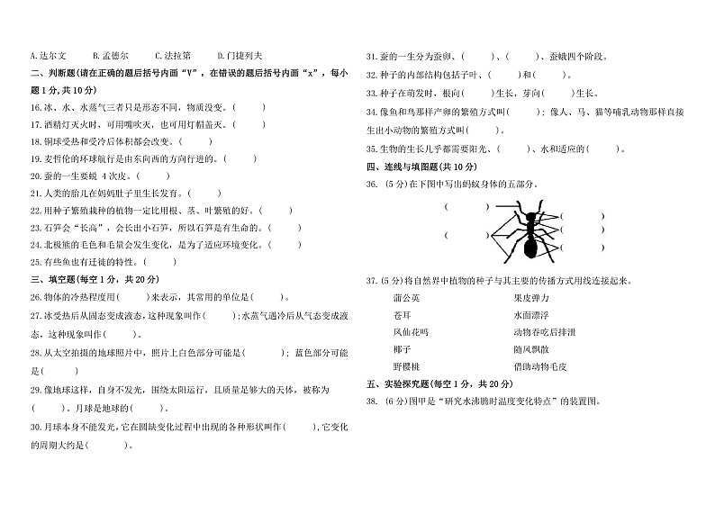 苏教版小学科学四年级下册《期末试题》2（含答案）第2页