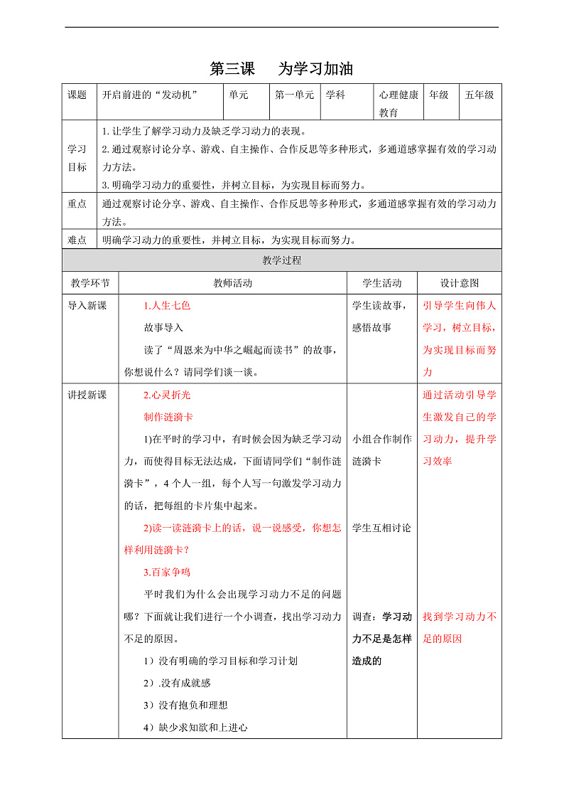 京教版心理健康教育五年级3.2《开启前进的发动机》教案第1页