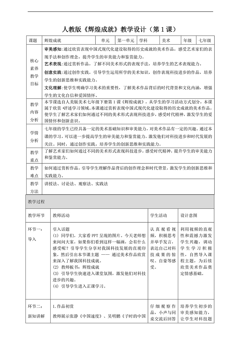 【大单元教学】新教材人教版第一单元第1课《辉煌成就》核心素养教学设计（表格式）第1页