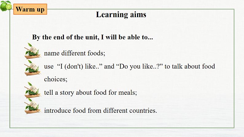 外研版三年级起点小学英语三年级下册 Unit3 Yummy food.课时1教学课件第2页