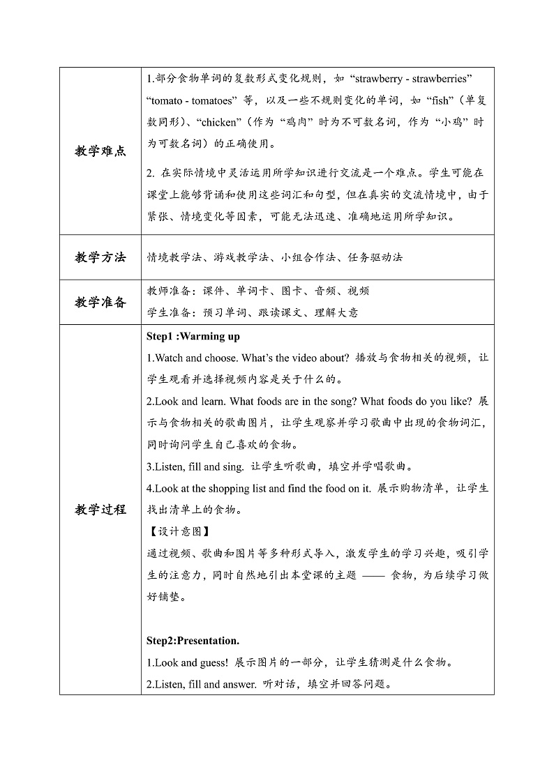 外研版三年级起点小学英语三年级下册 Unit3 Yummy food.课时1教案第2页